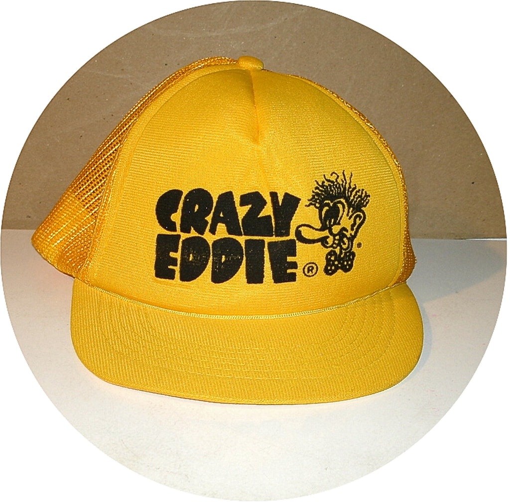 VTG CRAZY EDDIE Yellow Snapback Baseball Cap Flat Brim Hat NEW