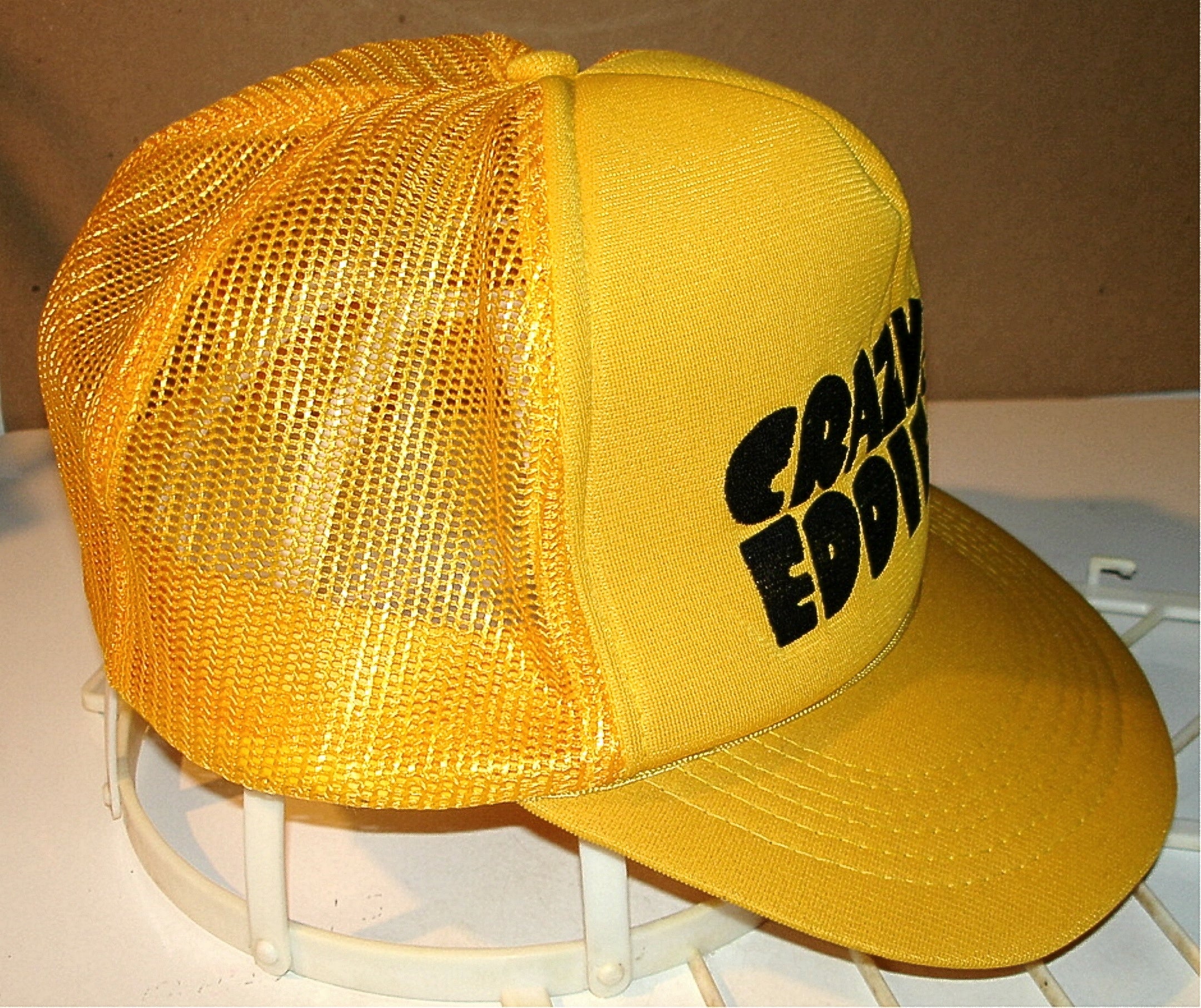VTG CRAZY EDDIE Yellow Snapback Baseball Cap Flat Brim Hat NEW