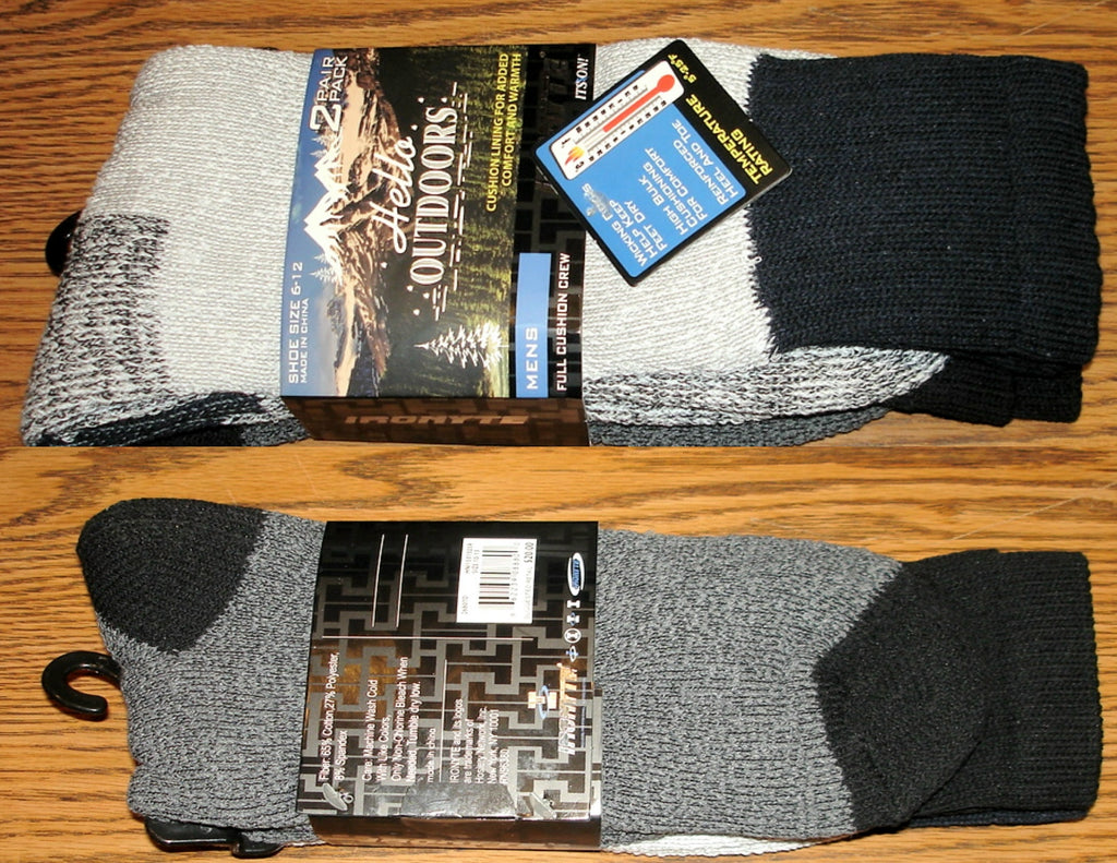 Hello Outdoors - Mens Winter Crew Socks Size 6-12 - 2-Pack Black/Gray/Charcoal