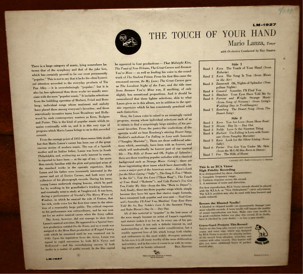 MARIO LANZA - THE TOUCH OF YOUR HAND - 1955 STAGE & SCREEN ALBUM LP