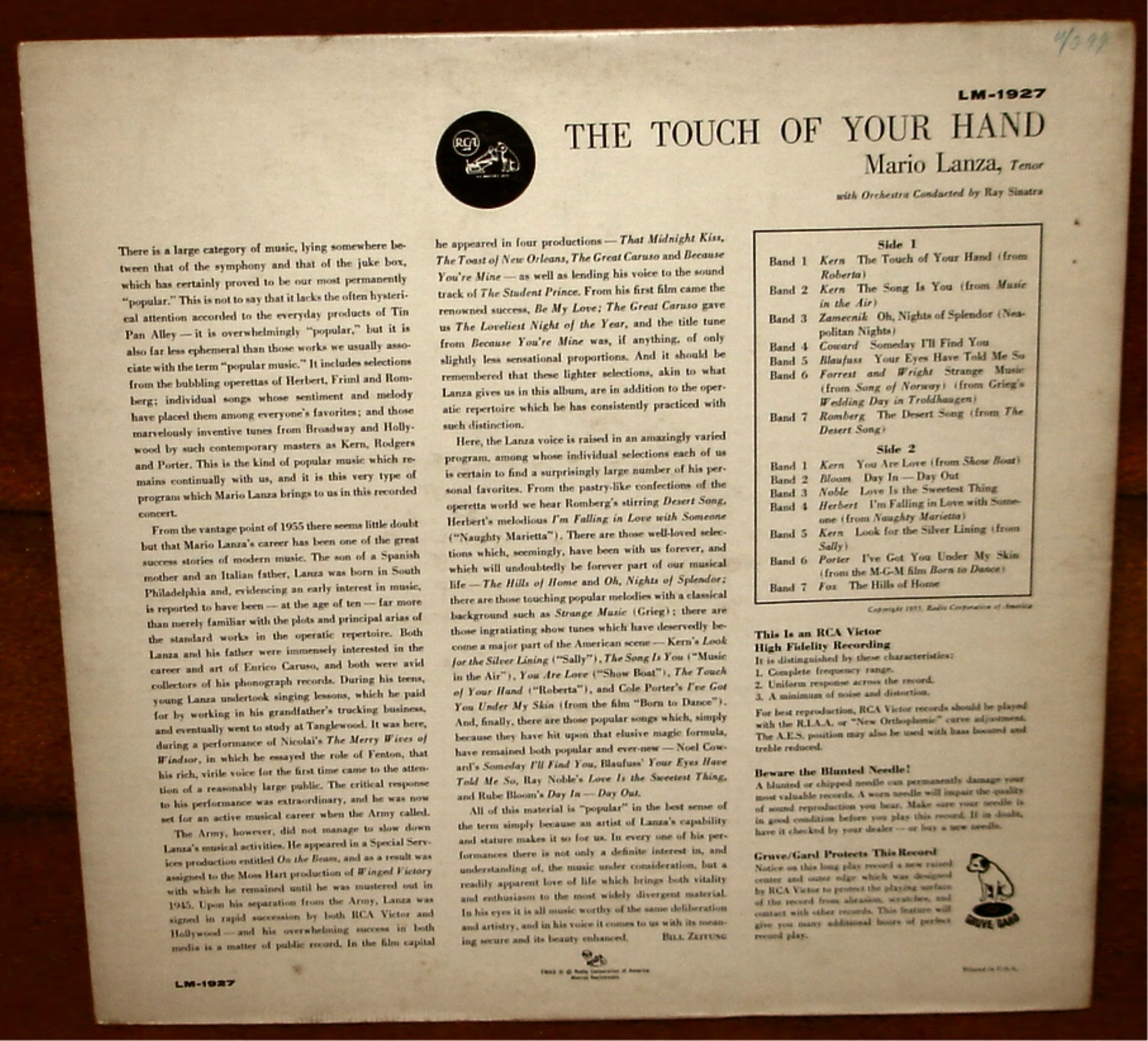 MARIO LANZA - THE TOUCH OF YOUR HAND - 1955 STAGE & SCREEN ALBUM LP